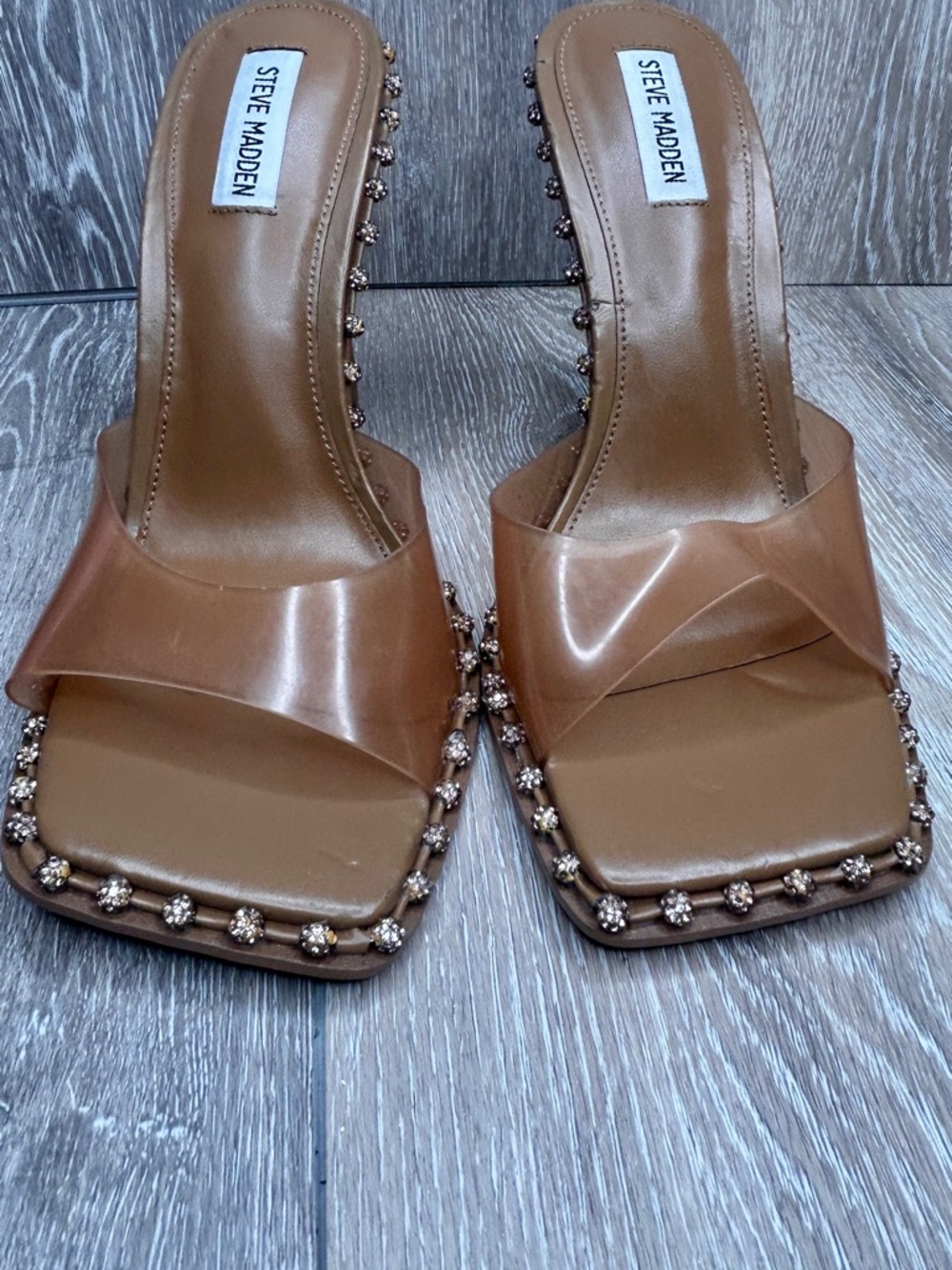 Steve Madden Clear Strap Studded Heels – Nude Tan – Size 11M - Picture 3 of 10